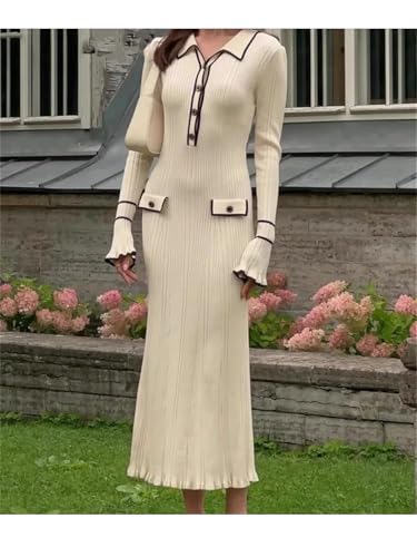 Women Autumn Winter Elegant Knitted Long Ruffles Dressres High Waist Buttons Turn-Down Collar Sweater Dresses2