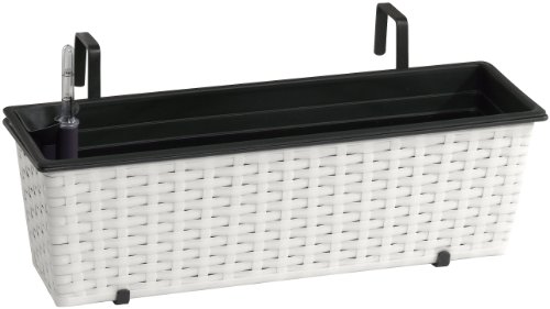 GARTENFREUDE Polyrattan Balkonkasten Blumenkasten inkl. Aufhängung, 60 x 19 x 18 cm, mit Bewässerungssystem, weiß