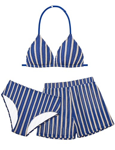 Image of Girls Swimsuit 3 Piece Bathing Suit Criss Cross Bikini Set Girls' Swimwear with Shorts 7-16T