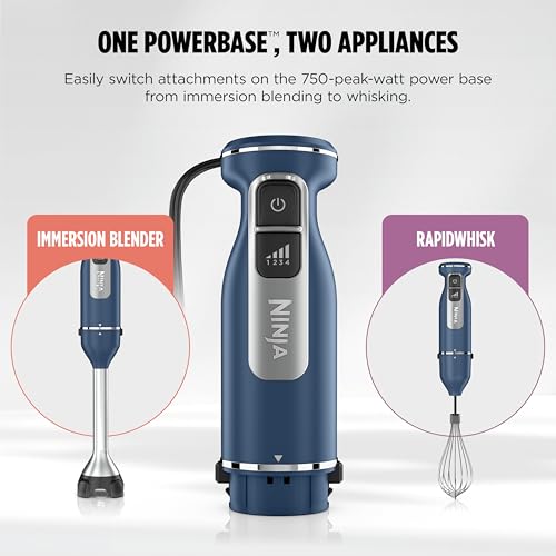 Image of Ninja Immersion Blender and Whisk, Hand Stick Blender, 4 Speeds, with SplatterShield and PanProtect, 4-Cup Blending Vessel, Dishwasher Safe, 5-ft Cord, Ergonomic, Deep Navy, CI201ND