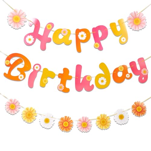 Image of SUNBEAUTY Flower Daisy Happy Birthday Banner Groovy Party Banners Groovy Party Decorations Boho Happy Birthday Banner Daisy Retro Hippie Party Supplies Baby Shower | Pre-Strung
