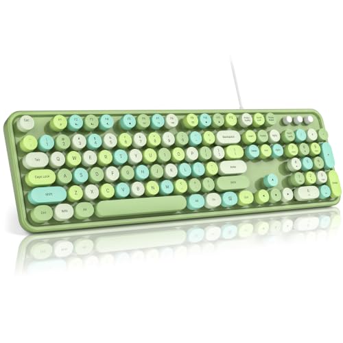 Image of MOFII Computer Keyboard Wired,Round Key Retro Typewriter Keyboard Full Size | USB Plug and Play, for Laptop, PC, Desktop, Windows (Green Colorful)