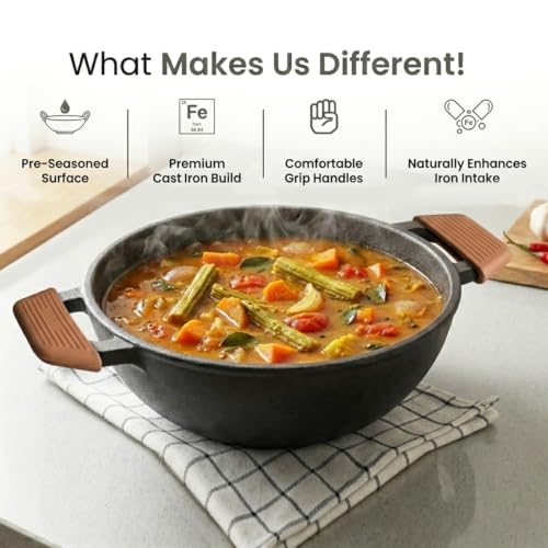 Image of HomeEssentials Pre-Seasoned Cast Iron Kadai with Silicone Grip, 24cm, 2.5-2.7L Capacity, 100% Pure Cast Iron Cookware, Naturally Non-Stick, Non-Toxic, Compatible with Gas, Ceramic & Electric Cooktops