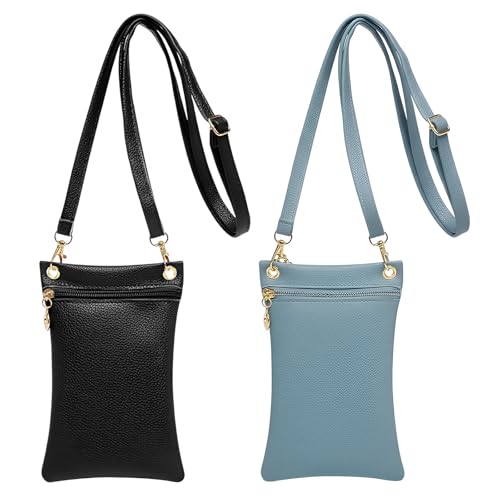 2 Pièces Mini Sac Bandouliere Femme, Cuir PU Pochette Téléphone Bandoulière Noir et Bleu, Pochette Telephone Portable Femme Souple Sac Portable pour Trajets...