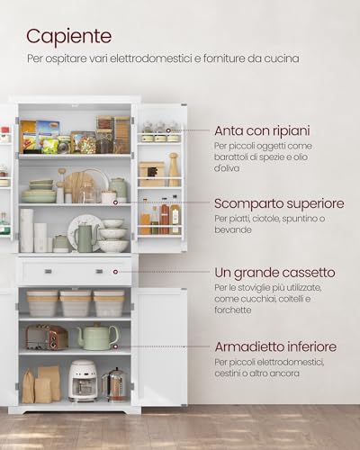 VASAGLE Credenza Cucina, 40 x 76 x 182,1 cm, Mobile Dispensa Cucina con Scomparto, Mobiletto Cucina con Cassetto, Ripiani Regolabili, 6 Ripiani su Ante, Soggiorno, Bianco BBC561W21 - immagine 5
