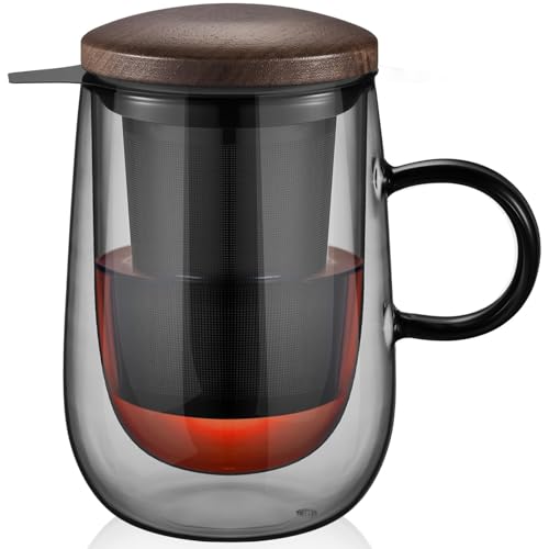 Comparison: Best Tea Cup With Infuser 8 glastal Tea Infuser Mug 14.5oz Glass Tea Cup with Removable Stainless Steel Infuser and Lid, Double-walled Black Glass Tea Cup Teacup for Loose Leaf Tea, Birthday for Parents Dad Mum Friends Office