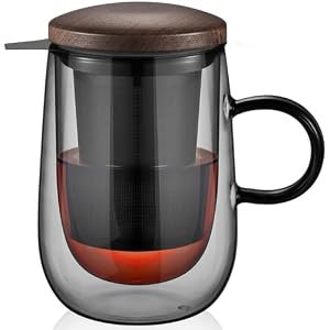 glastal 430ml Doppelwandige Schwarze Teetasse aus Glas mit Metallfilter
