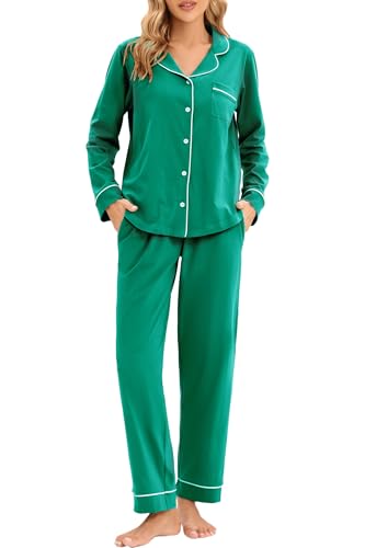 Image of LUBOT 100% Cotton Pajamas for Women Pajama Set Soft 2 Piece Sleepwear PJ Set Long Sleeve Button Knit Cozy Loungewear XS-XXL