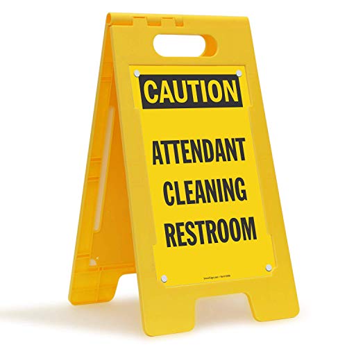 SmartSign 25 x 12 inch &ldquo;Caution - Attendant Cleaning Restroom&rdquo; Two-Sided Folding Floor Sign with...