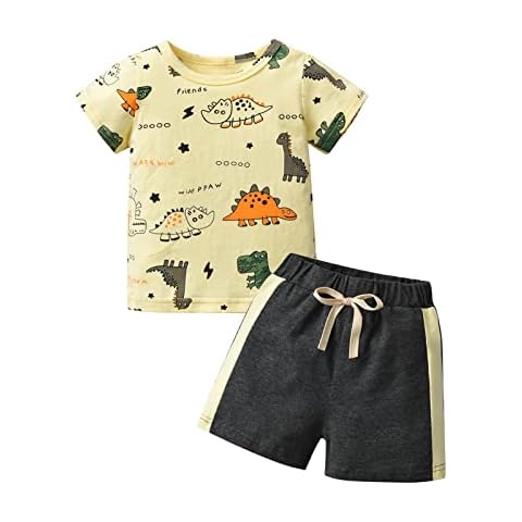 Derouetkia Baby Boy Clothes Short Sleeve Dinosaur Animal Print Tops + Shorts Toddler Outfit Sets, Beige, 12-18 Months Cover