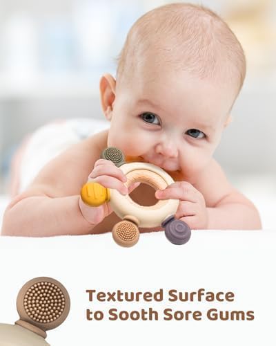 Image of Silicone & Wood Baby Teether - BPA-Free Teething Toy for 3+ Months Baby, Soothing Sensory Toy for Infants, Ideal Gift for Newborns Silicone Rudder with Wooden Ring Soothe Babies Gums