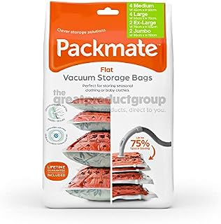 Packmate 12 Mixed Sized 2 Jumbo 2 Extra Large 4 Large 4 Medium Flat Vacuum Storage Bags | Ideal for Storing Clothes, Bedding, Duvets, Towels, Pillows, Coats, Jackets
