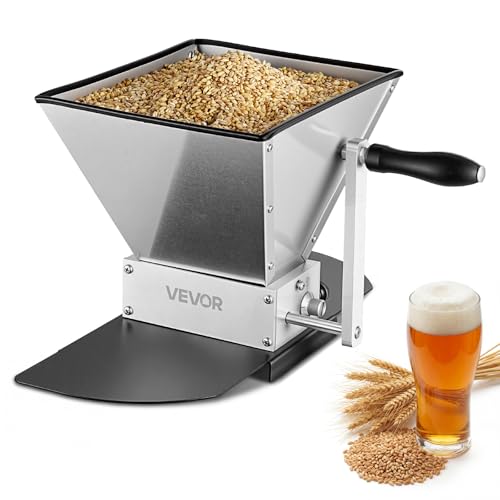 Image of VEVOR Manual Grain Mill, Homebrew Malt Grinder, Adjustable Barley Mill Crusher for Wheat Beer Brewing - with 2 Stainless Steel Rollers, 1.06 Gallon Hopper & Metal Base Plate