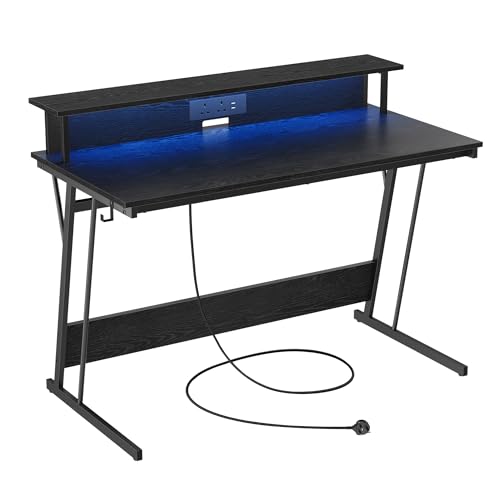 VASAGLE Gaming Desk with LED Lights and Built-In Power Outlets, Computer Desk with Monitor Shelf, Gaming Table for 2 Monitors, Office Desk, for Bedroom, 60 x 120 x 75 cm, Ebony Black LWD292B56
