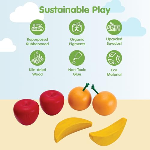 Image of PlanToys Wooden Fresh Produce Set Apples, Oranges & Bananas | Sliceable Montessori Pretend Play Food for Role Play, Fine Motor Skills & Imaginative Play | Eco Friendly Kitchen Toy