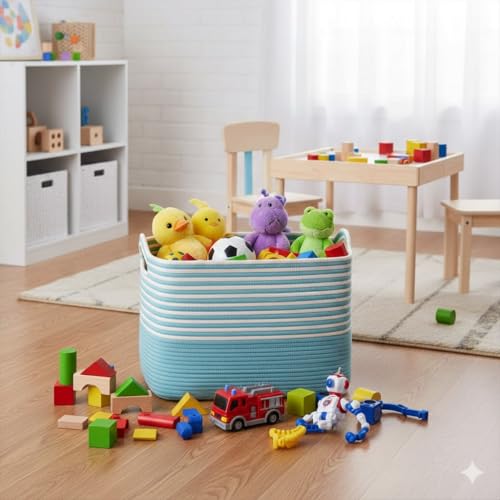 Image of Large Storage Basket, Woven Blanket Basket, Toy Basket with Handle, Laundry Hamper for Living Room, Nursery, Bedroom- 20x15x12 (LXWXH) (sky blue mix)