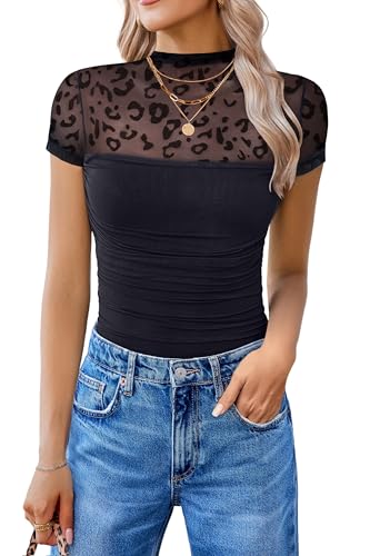 Image of Avidlove Women's Short Sleeve Bodysuit Turtle Neck Body Suits Mesh One Piece Leotard Going Out Tops Date Outfits