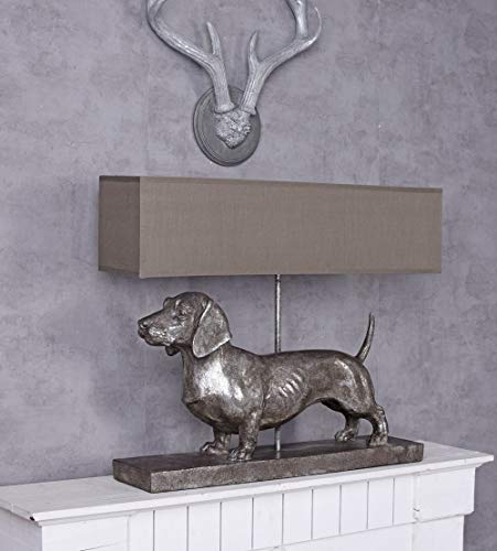 Tischlampe XXL Dackel Leuchte Hund 60cm Lampe Hundefigur Nachttischlampe Hundelampe cw195 Palazzo Exklusiv „VILLA CHARLY“ – Silber Dachshund mit Stoffschirm im englischen Stil