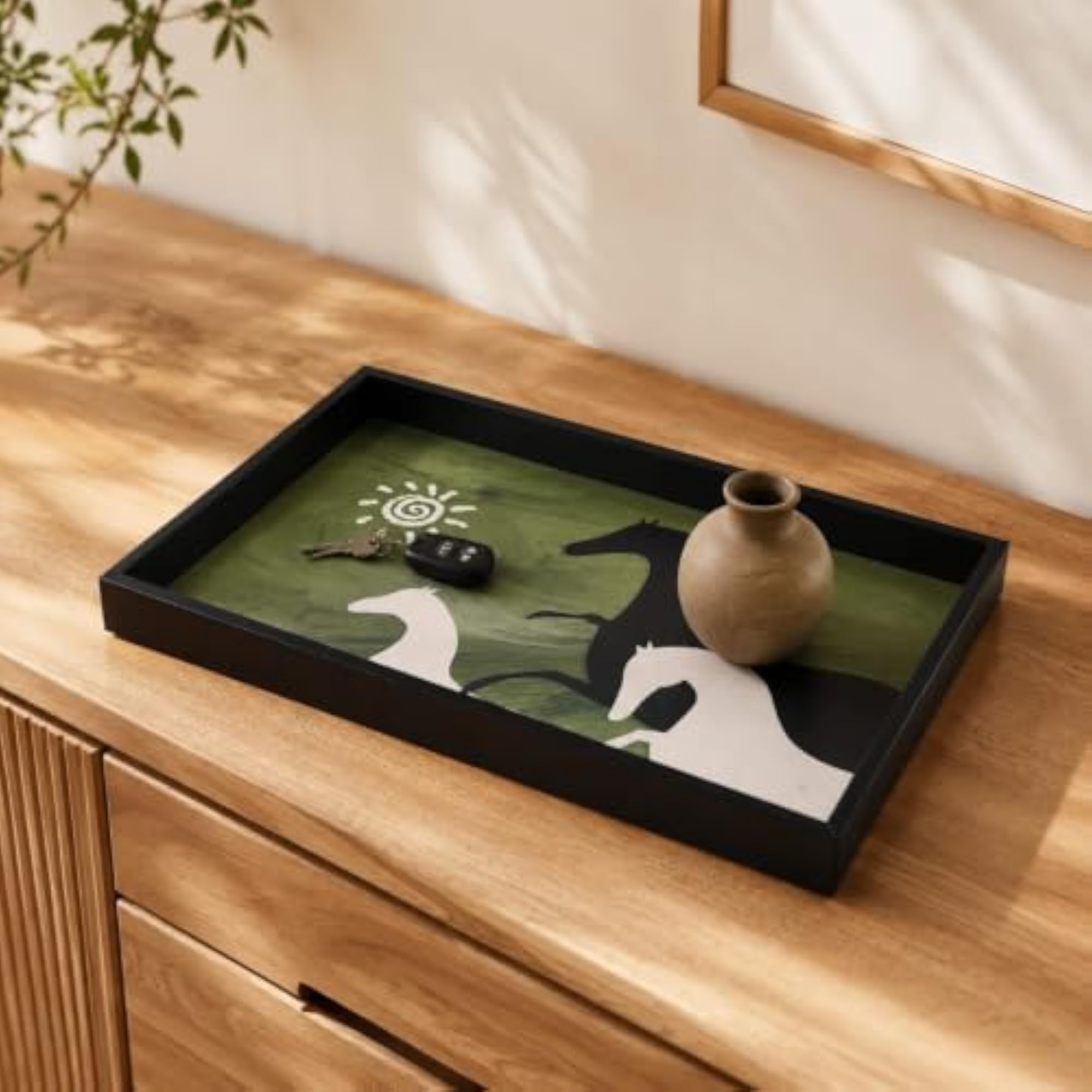 Decorative Rectangular Tabletop Storage Tray with Horse Motif