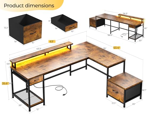 Image of DurayLoly 63 inch L Shaped Desk with 2 Drawers and Printer Stand,Bedroom,Brown | Large Computer Desk with Led Lights & Power Outlets,Monitor Stand and Storage Shelves,Corner Desk,Gaming, Work, Home Office