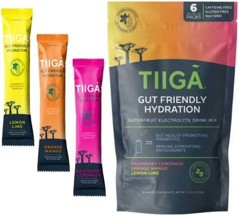 Tiiga Clean Electrolyte Gut Health Powder Packets, Gluten Free, Low Sugar Hydration Drink Mix, Debloat, Baobab Super Fruit, Gut Health, Prebiotic for Women & Men, Immune Support, Prebiotic Powder (Variety, 6 Count)