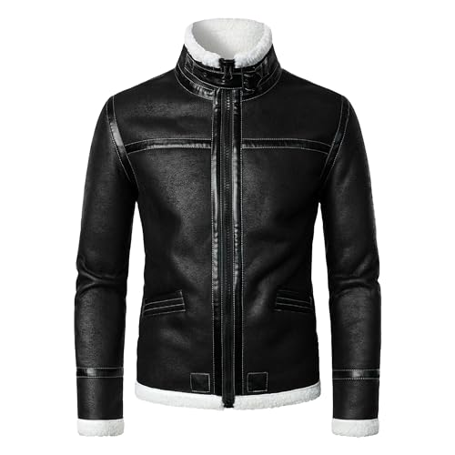 Veste en cuir col montant pour homme style pilote de moto vintage avec doublure sherpa chaude