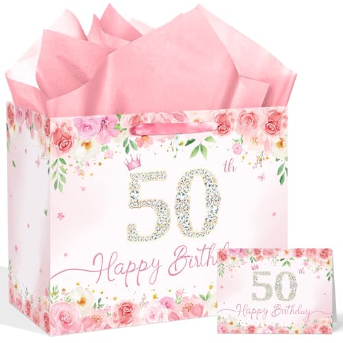 Pink Floral 50th Birthday Gift Bag for Women Large Elegant Happy 50th Birthday Bag with 3 Tissue Paper and 1 Greeting Card Included 13 Reusable Rose Gift Bag for Mom Wife Sister or Friend
