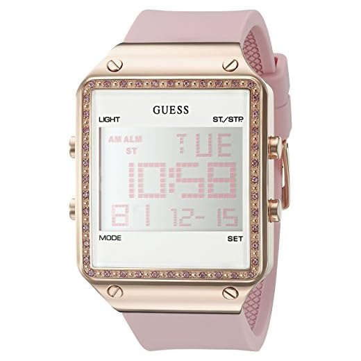 GUESS Rose Gold-Tone Pink Digital Stain Resistant Silicone Watch. with Day, Date, 24 Hour Military/Int'l Time, Dual Time Zone + Alarm. Color: Pink (Model: U0700L2)