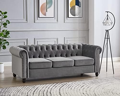 Home Detail Chesterfield Tufted Style Velvet Fabric 2 Seater Sofas & 3 Seater Couches Settee With Studded Arms & Bun Feet Living Room Furniture Sofa Chairs in Grey (3 Seater)