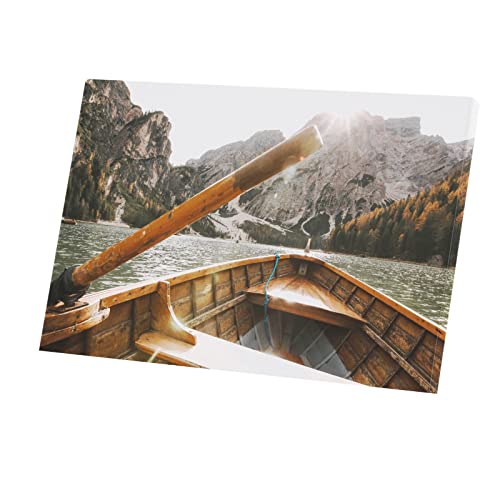 Tableau barque en bois lac montagne décoration murale toile 90x60cm