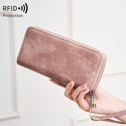 Image of Women Leather Wallet Crossbody Shoulder Bag with Double Zipper and Mobile Phone Purse with Shoulder Strap