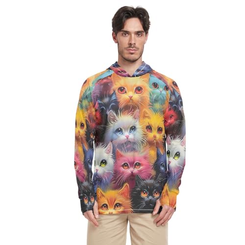 xigua Cute Colored Cats Men's UPF 50+ Sun Shirts Quick Dry Sun Protection Hoodie With Long Sleeve 553