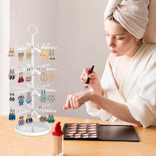 Image of MODOWEY 4 Tier Metal Rotating Earring Holder Organizer Stand Adjustable Display Tree for Women, 384 Holes and Grooves Rack Tower for Pierced Dangle, Large Capacity Space-Saving Jewelry Hanger, White
