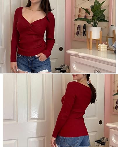 Image of Zeagoo Sweaters for Women Fall Long Sleeve V Neck Sexy Ribbed Knit Sweater Slim Fit Solid Basic Casual Tops