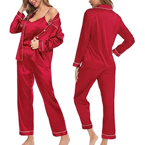 SWOMOG Women's 4pcs Satin Pyjamas Sets Silk Pjs Long Sleeve Shirt Sleepwear Button Down Nightwear Sexy Cami Shorts Set Loungewear Red Cover