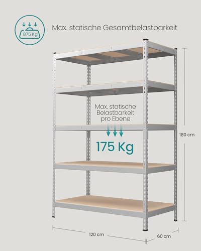 SONGMICS Schnelle Montage, Schwerlastregal, Standregal, Lagerregal, Küchenregal, Regal, 5 Ablagen, 60 x 120 x 180 cm, bis 875 kg belastbar, für Keller, Küche, Arbeitszimmer, silbern GLR600E01