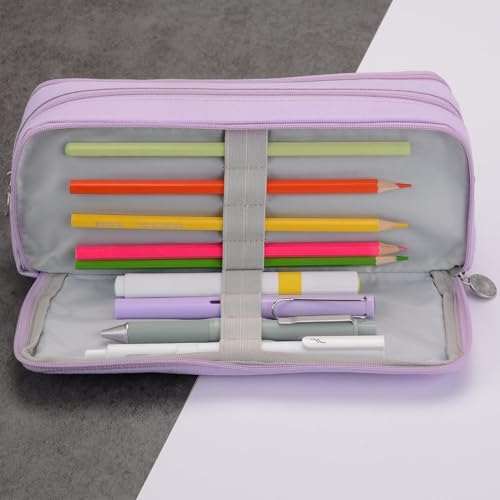 Image of Large Capacity Pencil Box for Girls & Boys, 3 Compartments Pen & Pencil Pouches, Aesthetic Stationery Pouch for School Kids College Students, Cute Stationary Gift for Children (Purple)