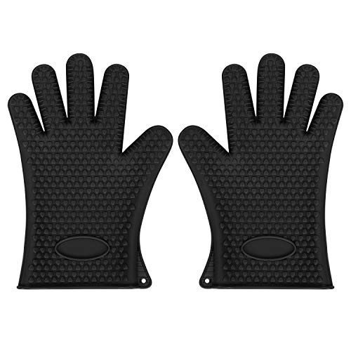 耐熱グローブ 耐熱手袋 耐熱温度300℃ 5本指 シリコン 防水 厚手 滑り止め キッチン手袋 オーブン/電子レンジ/鍋つかみに対応 やけど防止 洗え簡単 キッチングローブ 母の日 台所用 調理場用 2枚 男女兼用 黒