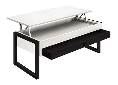 HOGAR24 ES - Neron - Mesa Centro Elevable Cajón Deslizante Madera Maciza Color Blanco y Negro, Pata Cuadrada