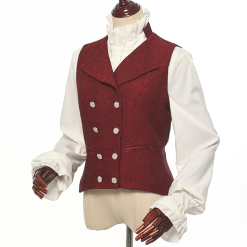 CAMDOM Damen 50er Jahre Vintage Anzugweste Arbeit Tweed Slim Fit Weste V-Ausschnitt Weste Zweireihiger Mantel mit Taschen Ärmellos Blazer Jacken, rot, XXL Plus