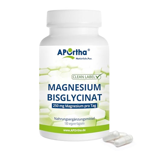 APOrtha® Magnesiumbisglycinat 180 Kapseln, 250 mg Magnesium pro Tagesverzehr für 60 Tage, Magnesium-Bisglycinat bekannt als Magnesiumglycinat, allergenfrei, glutenfrei, lactosefrei, vegan