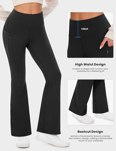 Desol Thermo Flared Leggings Bootcut Gefütterte Yoga Hose Schlaghose Damen Wasserfeste Thermo Leggings Damen mit Reißverschlusstaschen Ausgestellte Leggings