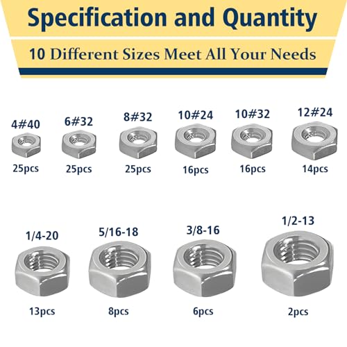 Vifmy A2-70 150Pcs Sae Hex Nuts Assortment Kit,4#40 6#32 8#32 10#24 10#32 12#24 1/4-20 5/16-18 3/8-16 1/2-13 Hardware Nuts Sets,304 Stainless Steel thumb #1