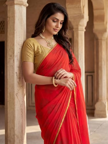 Image of SAREE MALL Women's Red Chiffon Floral Embellished Saree With Unstitched Blouse Piece (DOLY2604 AI2)