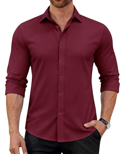 J.VER Mens Formal Shirts Long Sleeve Stretch Burgundy Dress Non Iron Business Casual Button Down Shirt for Men Adult 3XL