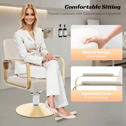 Image of Salon Chair,Barber Chair with Hydraulic Height Adjustable & 360 Swivel,Black Hair Salon Styling Chairs for Hair Stylist for Home, Barber Shop and Beauty Salon (Beige+Gold)