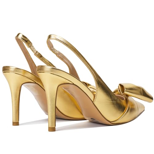 Image of Women's Slingback Heels with Bow Leather Pointed Toe Pumps with Elasticated Strap 3.3 inch High Heels Evening Comfy Dress Shoes