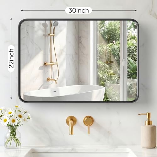 Image of Sweetcrispy Bathroom Mirror 30.5x22.5 Inch Black Metal Framed Rounded Rectangle Vanity Mirror for Wall, Over Sink, Farmhouse, Restroom, Anti-Rust, Modern Decorative, Horizontal or Vertical Hanging
