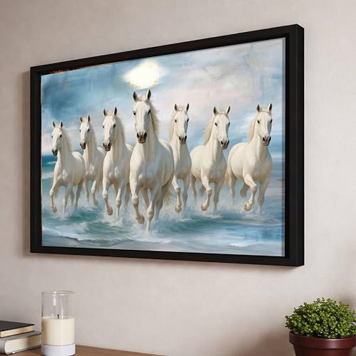 Image of 7 White Running Horses Vastu Framed Wall Art Painting for Living Room| Symbol of Success, Purity & Positive Energy Seven Horse Painting With Frame for Home & Office, 17x23 Inch