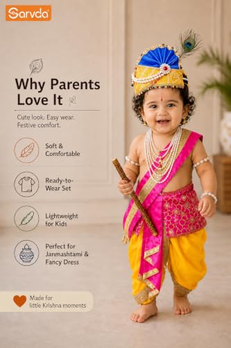 Image of Sarvda Krishna & Radha Dress for Kids - Complete Janmashtami Costume Sets with Dhoti /Lehenga, Mukut, Mor Pankh, Bansuri & Accessories | Fancy Dress for Baby Boys & Girls